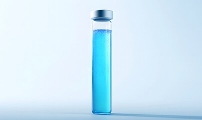 Glass vial with light blue liquid.