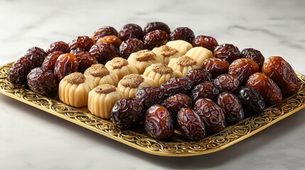 A decorative platter featuring assorted dates and sweets.