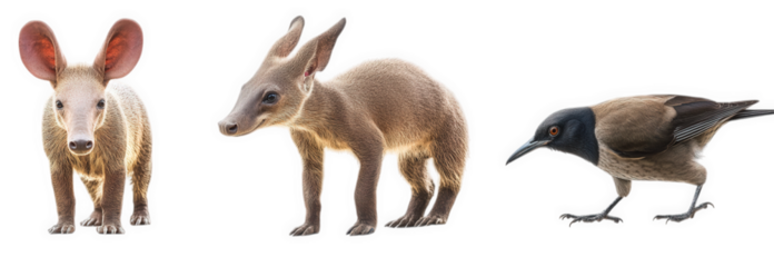 three animals a creature resembling a large-eared mammal. likely an aardvark or a similar species. a smaller. upright mammal. and a bird with a dark head and light body the animals are isolated on a w
