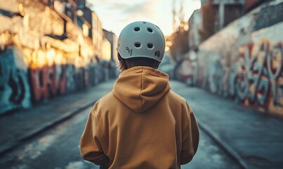 Obraz premium Person in helmet walking urban alleyway