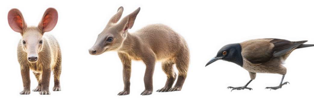 three animals a creature resembling a large-eared mammal. likely an aardvark or a similar species. a smaller. upright mammal. and a bird with a dark head and light body the animals are isolated on a w