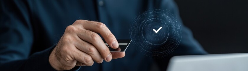 Fototapeta premium A person holds a credit card beside a laptop, indicating an online transaction or payment validation with a digital checkmark.