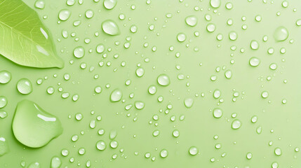Green leaf and water droplets on a light green background; nature, freshness, purity concept; ideal for beauty, spa, or wellness advertising.