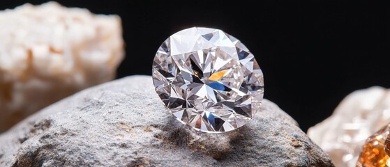 A brilliant diamond rests on a textured stone, showcasing its clarity and sparkle against a dark background.