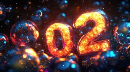 Playful "02" in 3D amidst glowing bubbles, highlighted by dramatic lighting on a rich dark background.