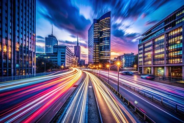 Fototapeta premium Long Exposure City Lights Blurred Motion, Urban Night Scene, Abstract Light Trails, Dynamic Cityscape, Germany