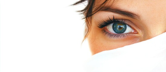 Smiling young woman portrait with vibrant blue eyes partially covered, set against a clean white background with ample copyspace for text.