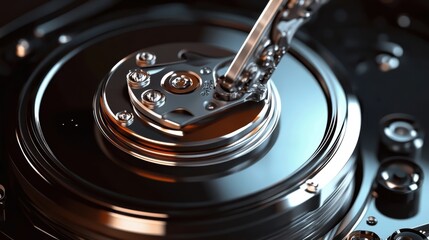 Revealing intricate mechanics of a hard disk drive in a close up shot, highlighting the readwrite head hovering over magnetic platters, representing modern data access