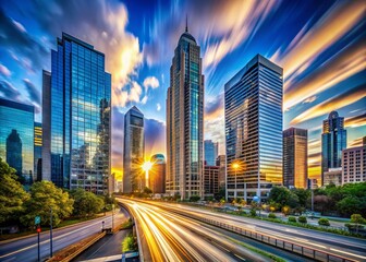 Fototapeta premium Long Exposure Cityscape: Blue Sky, Modern Skyscrapers, Financial District