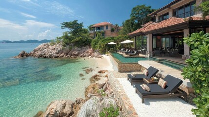 Fototapeta premium Luxurious beachfront villa with infinity pool overlooking turquoise bay.