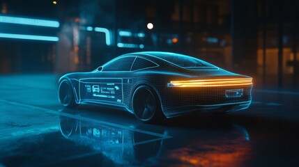 Fototapeta premium A futuristic car illuminated by neon lights, showcasing a sleek design and a digital aesthetic in a modern urban setting.
