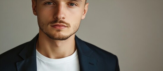 Stylish close-up portrait of a fashionable man in a dark suit and white t-shirt against a soft neutral background with ample copyspace for text.