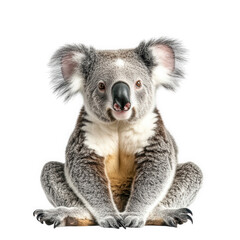 a koala sitting in a relaxed pose. showcasing its distinctive features. including its round ears and large nose. against a plain white background the photograph highlights the beauty and uniqueness of