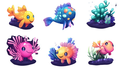 Cartoon set of cute sea animals including jellyfish, fish, owl, butterfly, and other creatures in a fun and colorful illustrationv