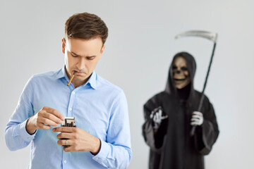 Terrible grim reaper visits a man smoking cigarettes, highlighting the deadly consequences, like...