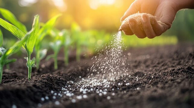 Farmer applying nitrogen phosphorus potassium fertilizer to rich dark soil in vibrant green arable field during golden hour sunlight with ample copyspace