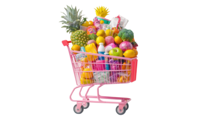 Red shopping cart full of vegetables and groceries at the supermarket