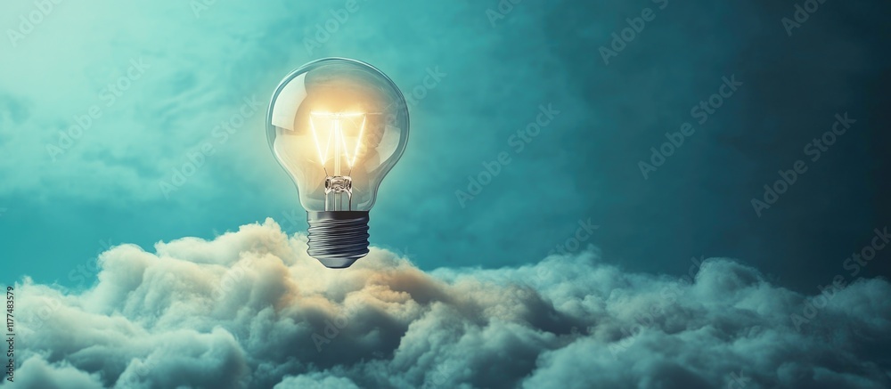 Poster inspiring illuminated light bulb floating above soft white clouds against a serene teal background w
