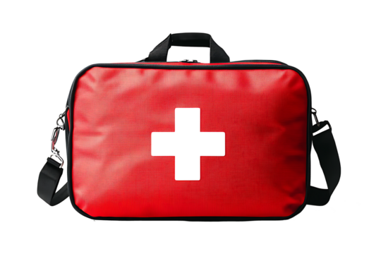 Vintage First Aid Kit: A weathered, red metal first aid kit with a white cross  isolated on transparent background.PNG