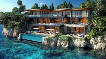 Luxurious cliffside estate with infinity pool overlooking the sea.