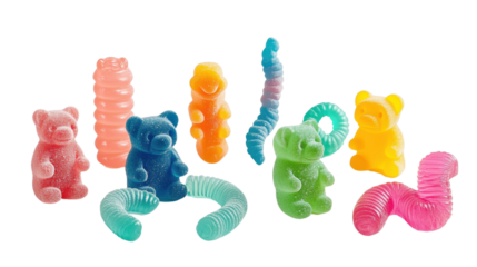 Colorful watercolor splashes with red, yellow, and green strokes in the shape of sweet gummy hearts and candy symbols, evoking love and playfulness