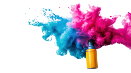 Spray bottle with colorful CMYK paint splashes isolated on white background