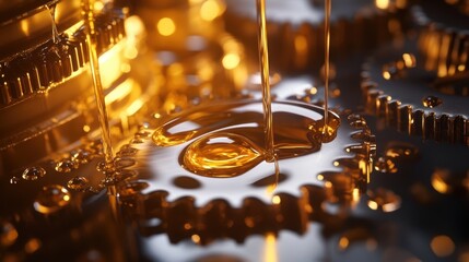 Golden oil pouring and lubricating rotating gears, creating a visually appealing representation of industrial processes and machinery maintenance