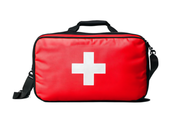 Vintage First Aid Kit: A weathered, red metal first aid kit with a white cross  isolated on transparent background.PNG