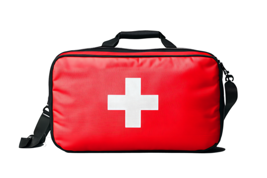 Vintage First Aid Kit: A weathered, red metal first aid kit with a white cross  isolated on transparent background.PNG