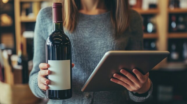 Happy female entrepreneur in cozy wine shop holding wine bottle and tablet, featuring warm wood tones and ample empty copyspace for text.