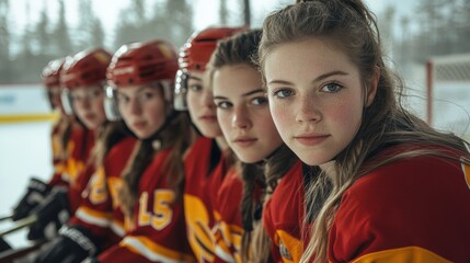Fototapeta premium Female hockey team in red jerseys sits on bench outdoors, faces showing strength and readiness, epitomizing preparation for victory in winter sports.