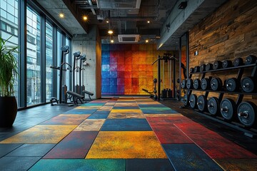 Modern gym interior with neatly arranged weights urban fitness studio interior photography vibrant colors wide angle contemporary design