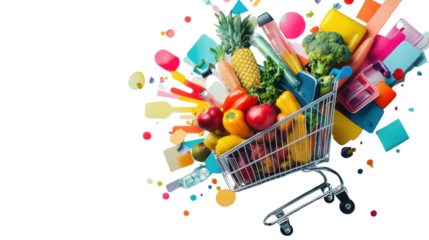 Shopping cart filled with fresh fruits and vegetables, including tomatoes, in a supermarket, perfect for a healthy diet and Christmas shopping