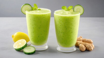 Refreshing green smoothies with cucumber and ginger on a table.