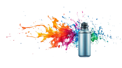 Spray bottle with colorful CMYK paint splashes isolated on white background