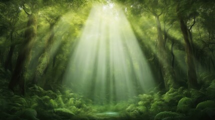 Obraz premium Dramatic sunrays illuminate lush forest nature photography tranquil environment ground level view serenity