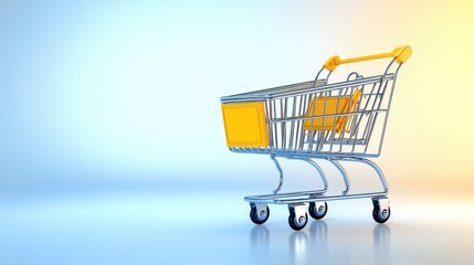 A shopping cart with one wheel slightly lifted, appearing dynamic and detailed, positioned on a bright white background.