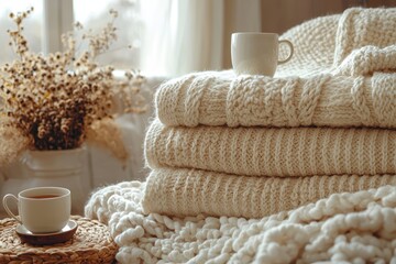 Cozy knitted blankets stack home interior lifestyle photography neutral tones soft light comfort concept