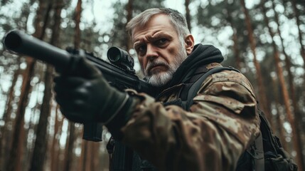 Obraz premium Mature man in military camouflage holding a 9mm submachine gun with silencer in a dense green forest with ample empty space for text.