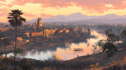 Naklejka premium Serene sunset over a historical river city, palm trees, ancient architecture, and a tranquil river reflecting the warm golden light.