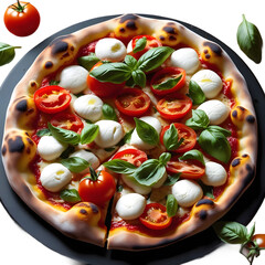 A vibrant and appetizing image of a freshly baked pizza, with a crispy golden crust, loaded with an assortment of colorful toppings such as juicy red tomatoes, creamy mozzarella chee