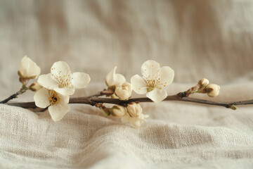 Blooming plum branch resting on linen fabric, spring awakening