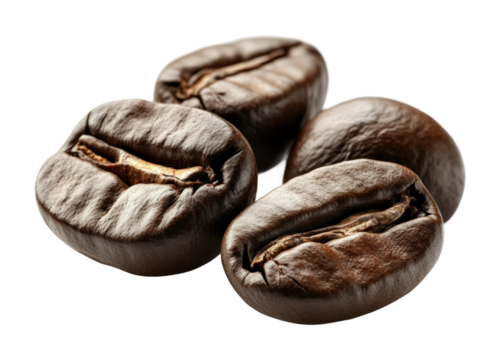 Coffee beans close-up on high fidelity studio lighting detailed texture visual concept for coffee enthusiasts isolated on transparent background