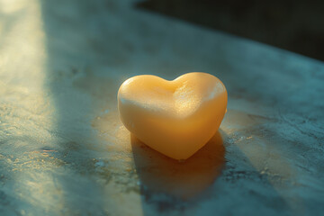 Obraz premium Heart shaped soap casting a long shadow on marble surface in morning sunlight