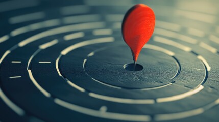 Red Pinpoint on a Circular Maze Design with Shaded Gray Background and Ample Copyspace for Strategic Planning and Problem Solving Concepts