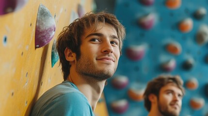 Confident young male climbers seated at a colorful indoor climbing gym with rock climbing wall in vibrant shades of blue and orange, ideal for motivational text.