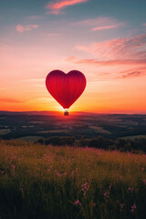 Fototapeta premium A bright red, heart-shaped hot air balloon floating over a green field on a clear evening day with a beautiful sunset