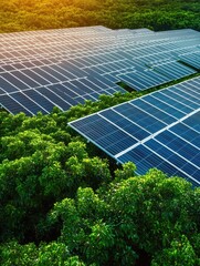 Aerial view of a solar farm surrounded by lush greenery, showcasing renewable energy technology harnessing sunlight.