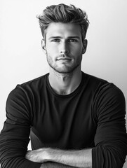 Fototapeta premium Stylish portrait of a confident young man with tousled hair in a black long-sleeve shirt against a clean white background, ideal for lifestyle concepts.