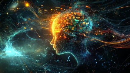 An abstract representation of AI algorithms, showing glowing neural network layers and data streams flowing dynamically in a dark, high-tech background.